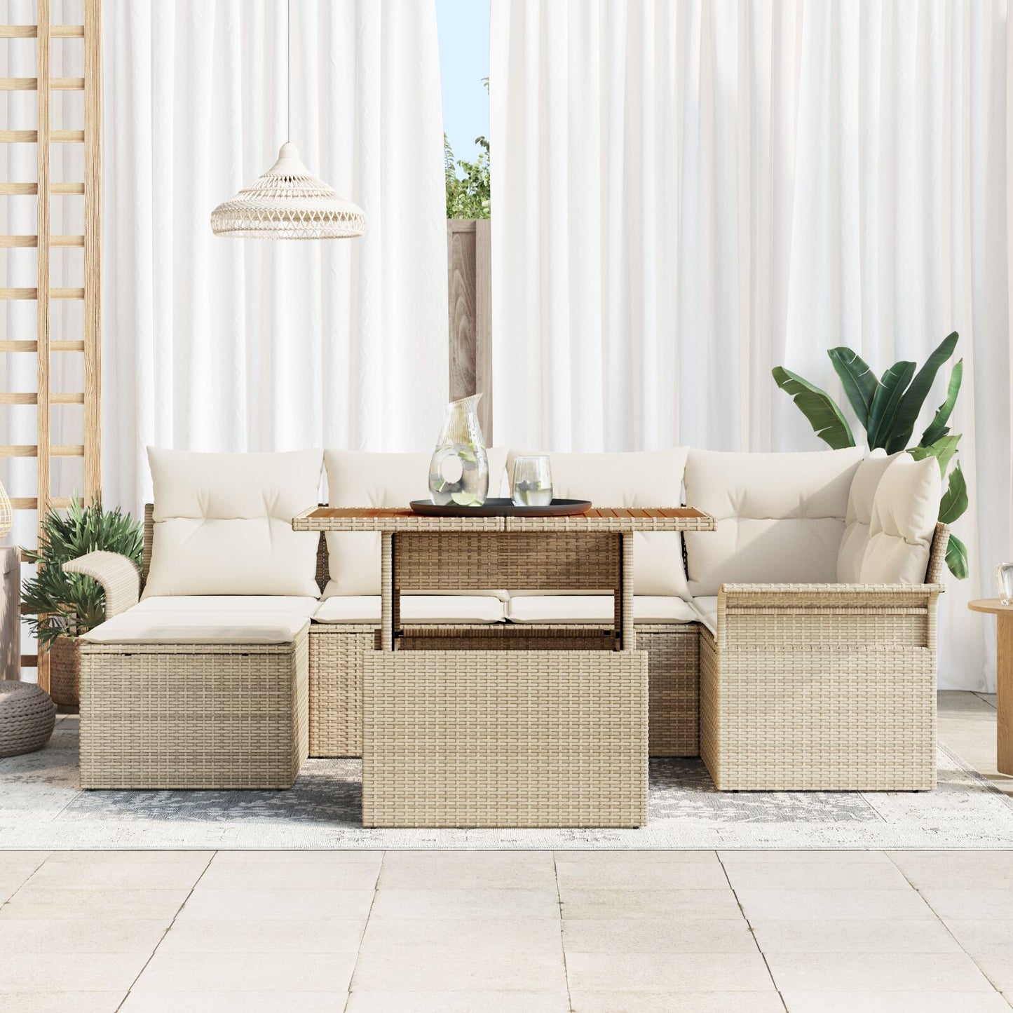 7-teiliges Garten-Esszimmer-Set mit Kissen, Beige Poly Rattan Akazie