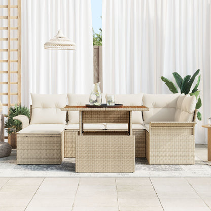 7-teiliges Garten-Esszimmer-Set mit Kissen, Beige Poly Rattan Akazie