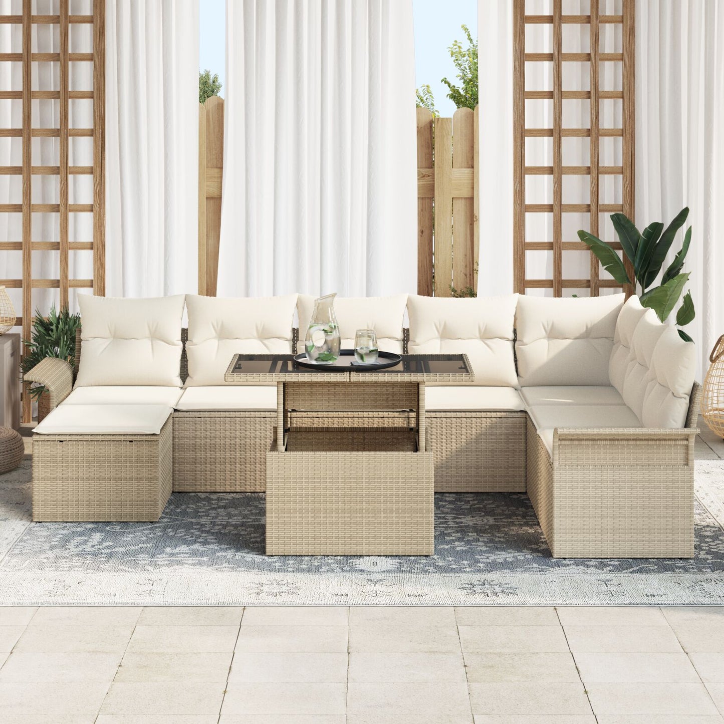 9-teiliges Garten Sofa Set mit Kissen Beige Poly Rattan