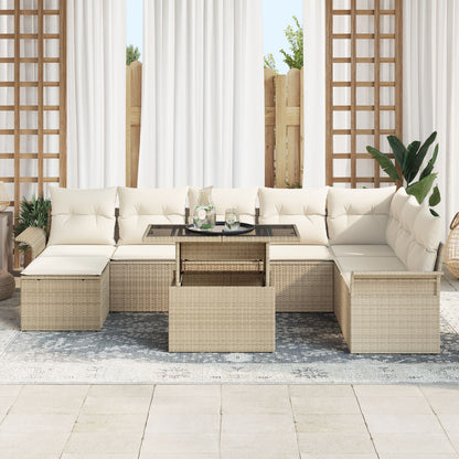 9-teiliges Garten Sofa Set mit Kissen Beige Poly Rattan