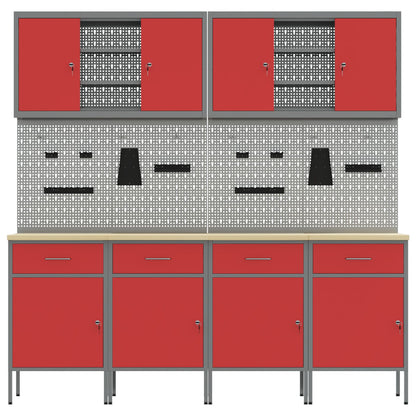 10-teiliges Werkstattwagen- und Pinnwand-Set in Rot aus MDF und Metall