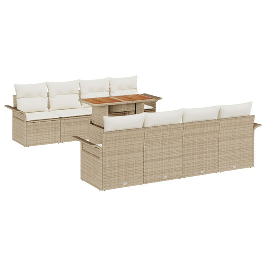 9-teiliges Garten Sofa Set mit Kissen Beige Poly Rattan Akazie