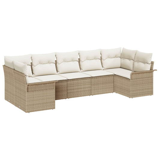 7-teiliges Garten-Sofaset mit Kissen Beige Poly-Rattan