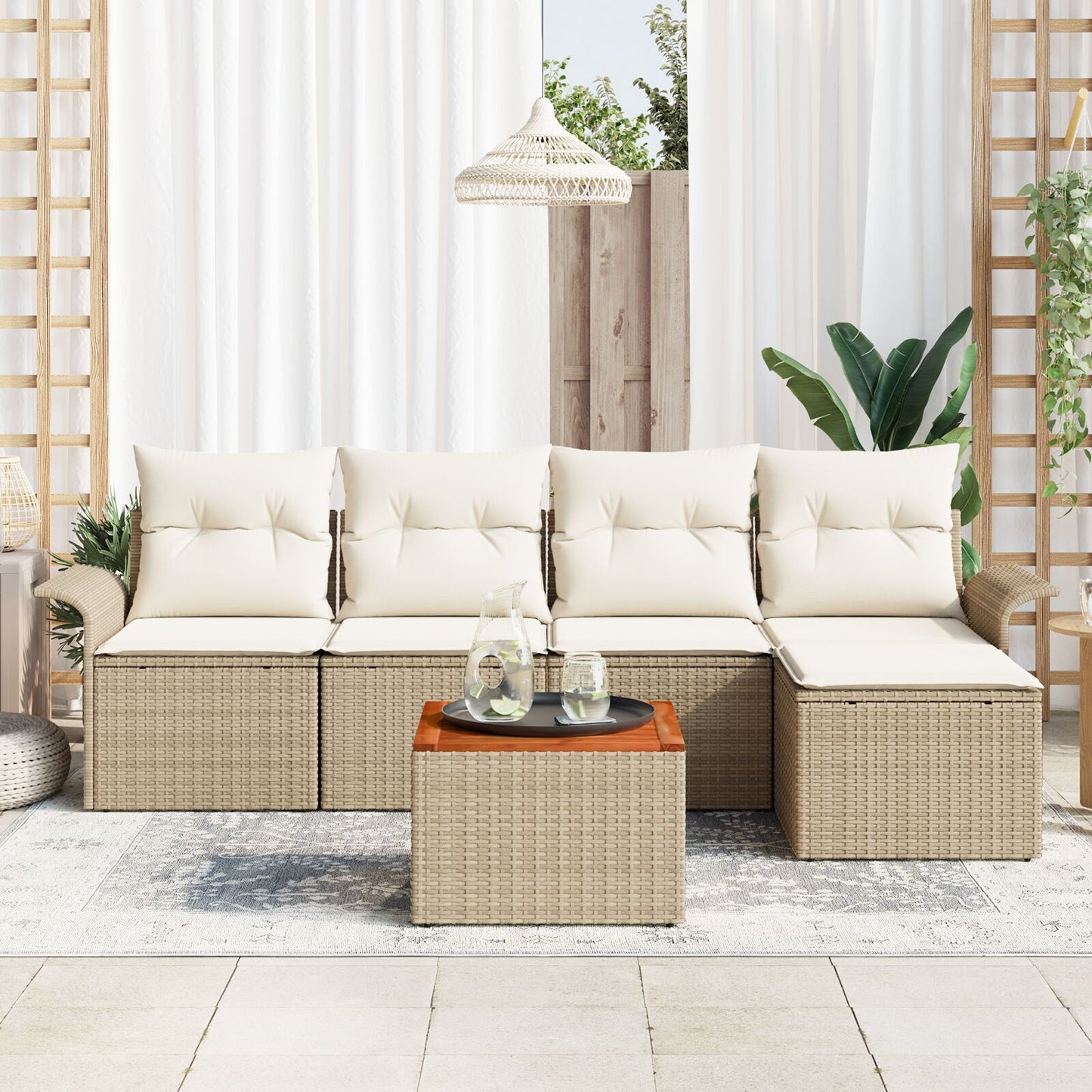 6-teiliges Garten-Sofa-Set mit Kissen Beige Poly Rattan Akazie