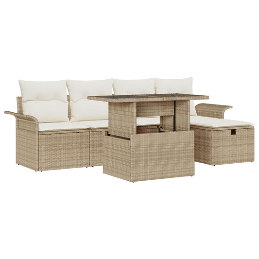6-teiliges Garten Sofa Set mit Kissen Beige Poly Rattan