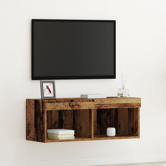 TV-Wandregal mit LED-Lichtern aus altem Holz 80x30x30 cm