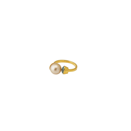 South Sea Golden Pearl 10.5-11.5 mm AdjustableSize 7 Ring with Aquamarine Stone-1