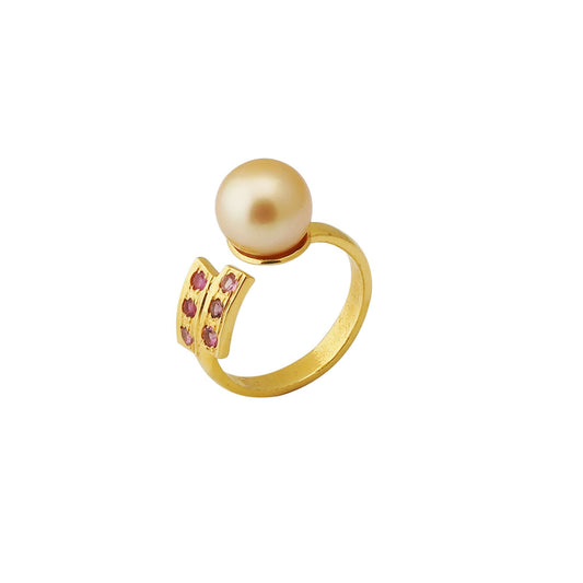 South Sea Golden Pearl 10.5-11.5 mm AdjustableSize 7 Ring with Pink Tourmaline Stone 2-0