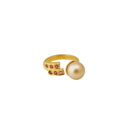 South Sea Golden Pearl 10.5-11.5 mm AdjustableSize 7 Ring with Pink Tourmaline Stone 2-1