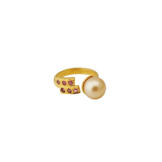 South Sea Golden Pearl 10.5-11.5 mm AdjustableSize 7 Ring with Pink Tourmaline Stone 2-1