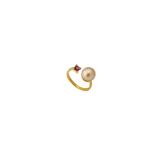 South Sea Golden Pearl 10.5-11.5 mm Adjustable 7-8 mm Ring with Pink Tourmaline Stone-0