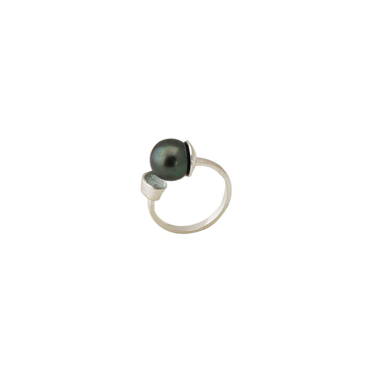 Tahitian Pearl 10.5-11.5 mm AdjustableSize 7 Ring with Aquamarine Stone-0