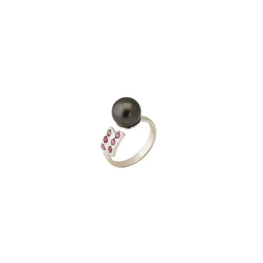 Tahitian Pearl 10.5-11.5 mm AdjustableSize 7 Ring with Pink Tourmaline Stone 2-0