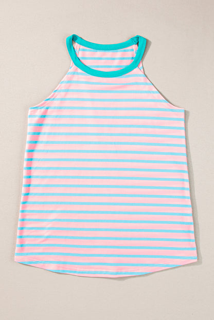 Pink Stripe Round Neck Tank Top