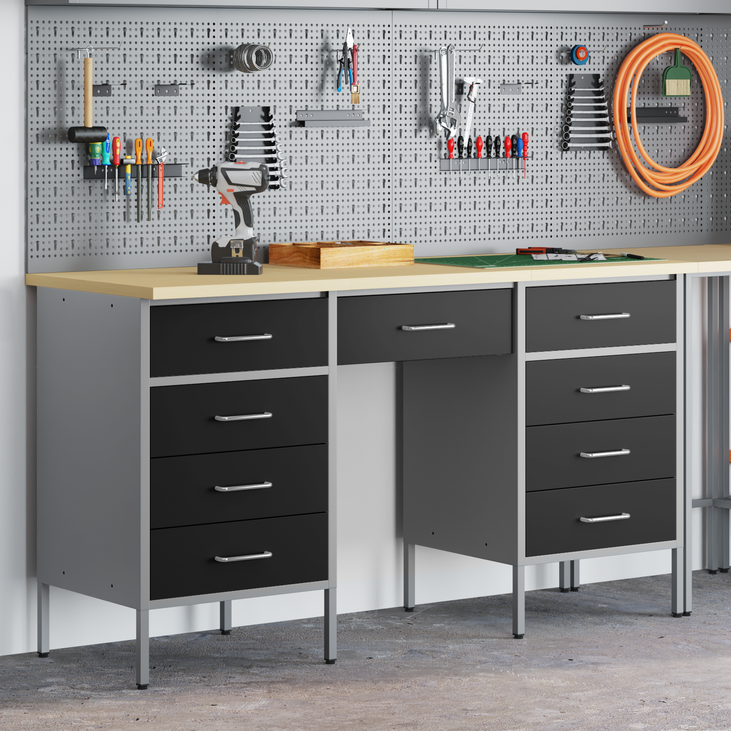 Werkbank 3 pcs Schwarz 150 x 55 x 85 cm Holzwerkstoff und Stahl