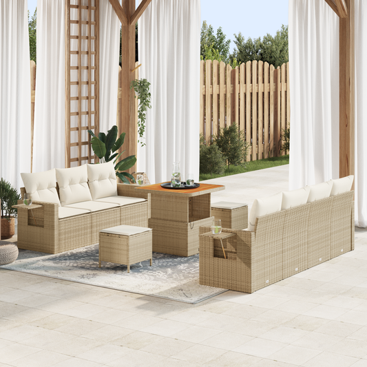 10-teiliges Garten Sofaset mit Kissen Beige Poly Rattan Akazien