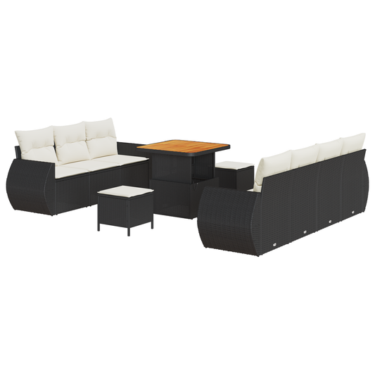 10-teiliges Gartensofa-Set mit Kissen Schwarz Poly-Rattan Akazie