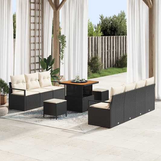 10-teiliges Garten Sofa Set mit Kissen Schwarz Poly Rattan Akazie