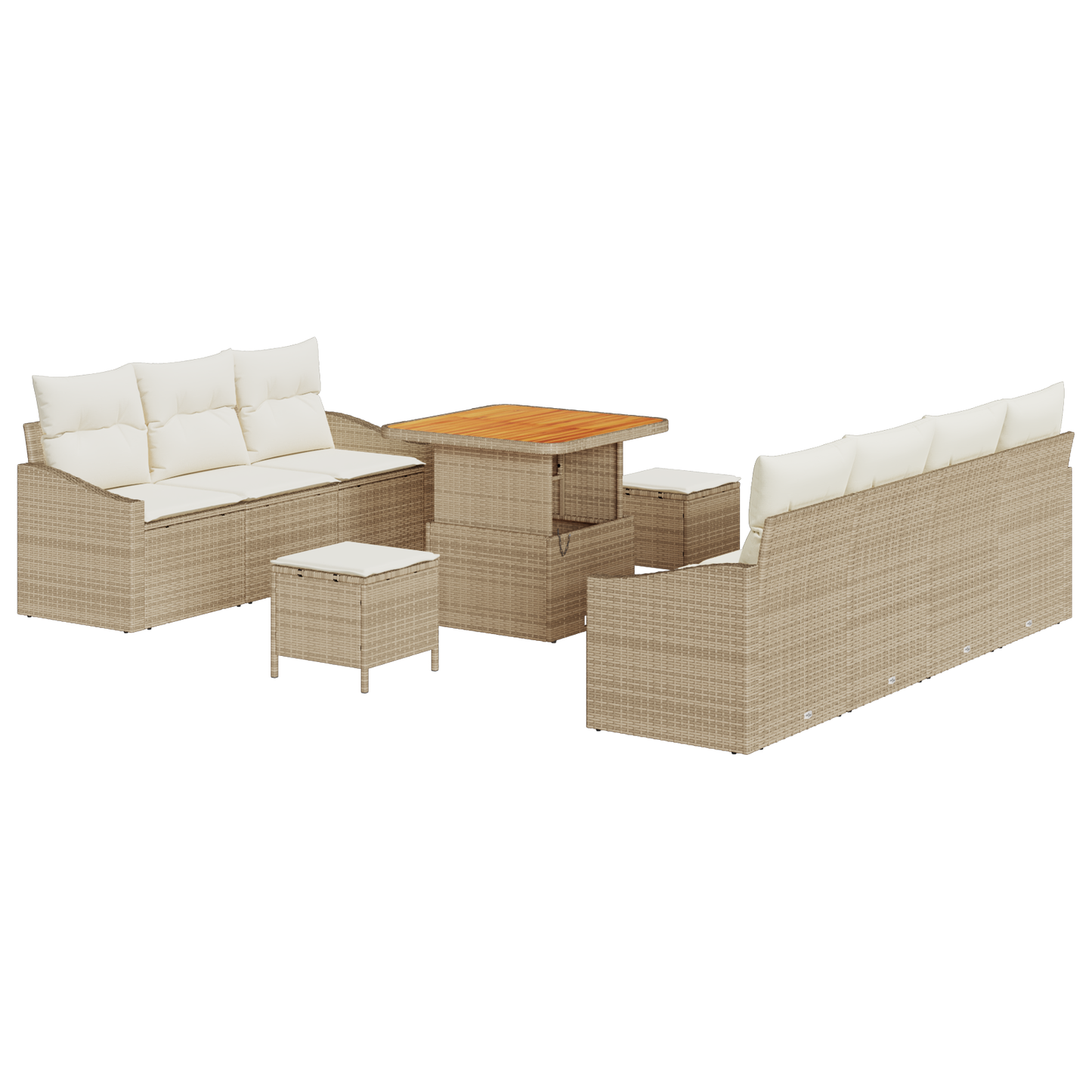10-teiliges Garten-Sofa-Set mit Kissen Beige Poly Rattan Akazie