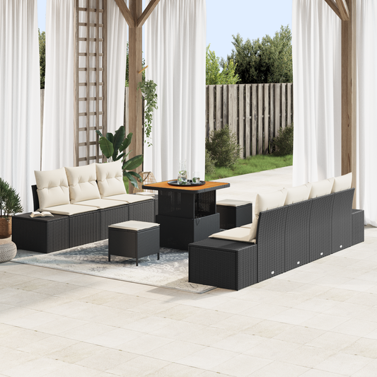 10-teiliges Garten Sofa Set mit Kissen Schwarz Poly-Rattan Akazie