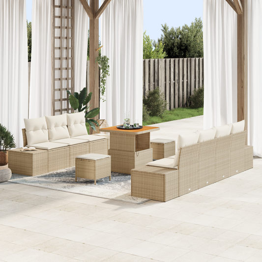 10-teiliges Garten Sofa Set mit Kissen, Beiges Poly-Rattan