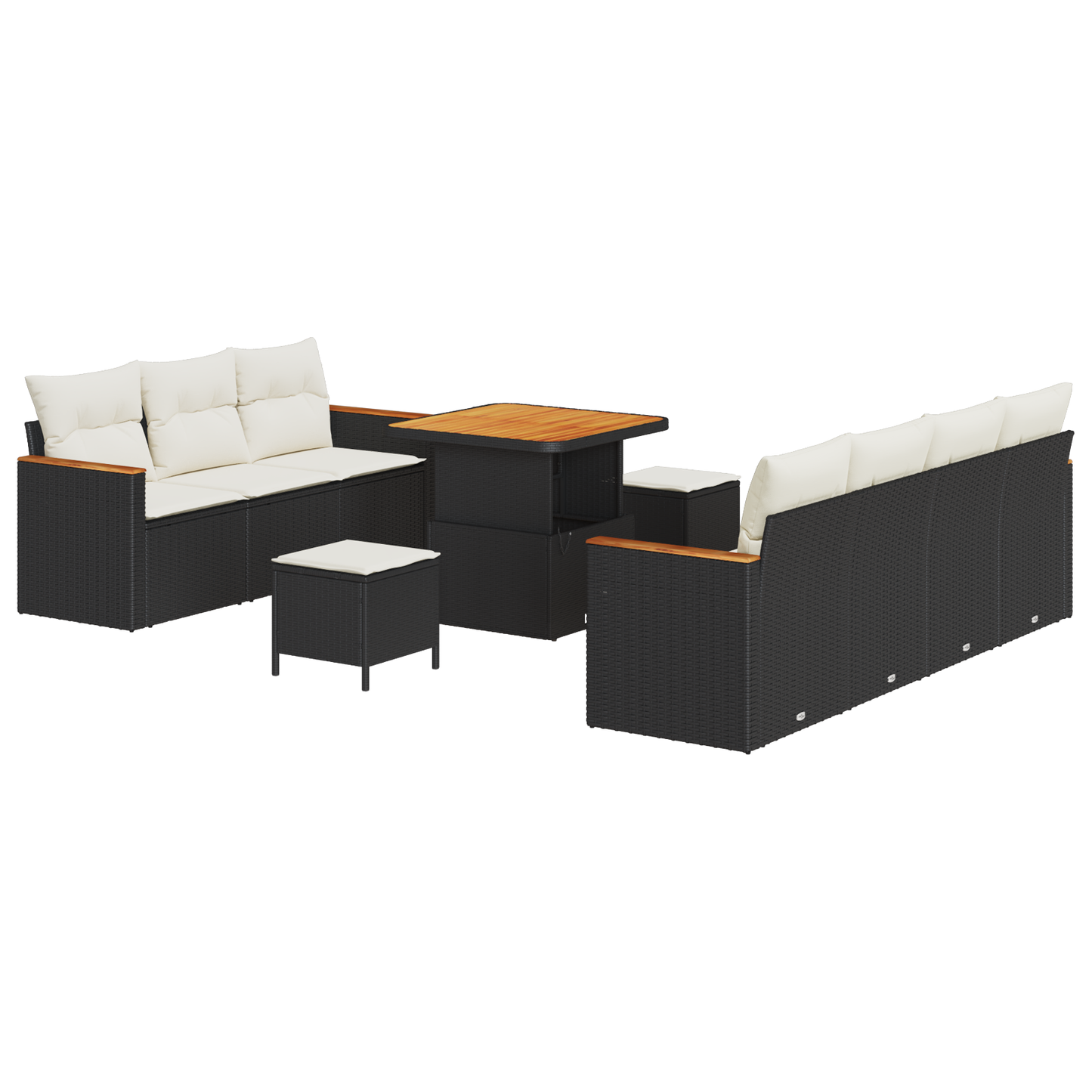 10-teiliges Garten Sofa Set mit Kissen Schwarz Poly Rattan Akazie