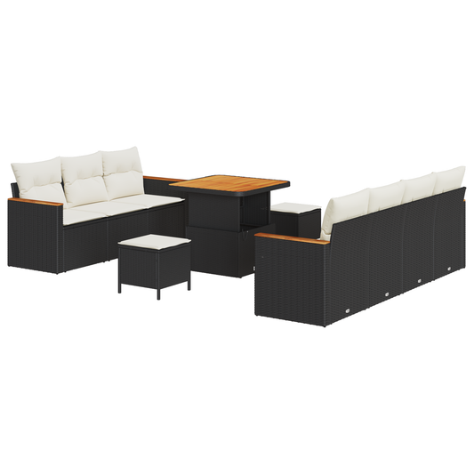 10-teiliges Garten Sofa Set mit Kissen Schwarz Poly Rattan Akazie