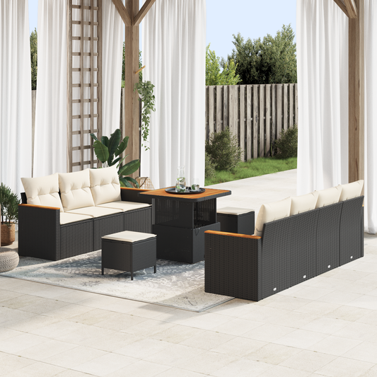 10-teiliges Garten Sofa Set mit Kissen Schwarz Poly Rattan Akazie