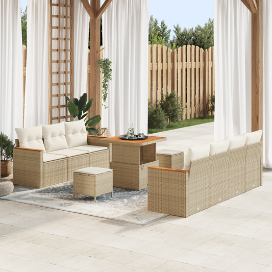 10-teiliges Garten-Sofa-Set mit Kissen Beige Poly Rattan Akazie