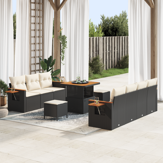 10-teiliges Garten Sofaset mit Kissen Schwarz Poly Rattan Akazie