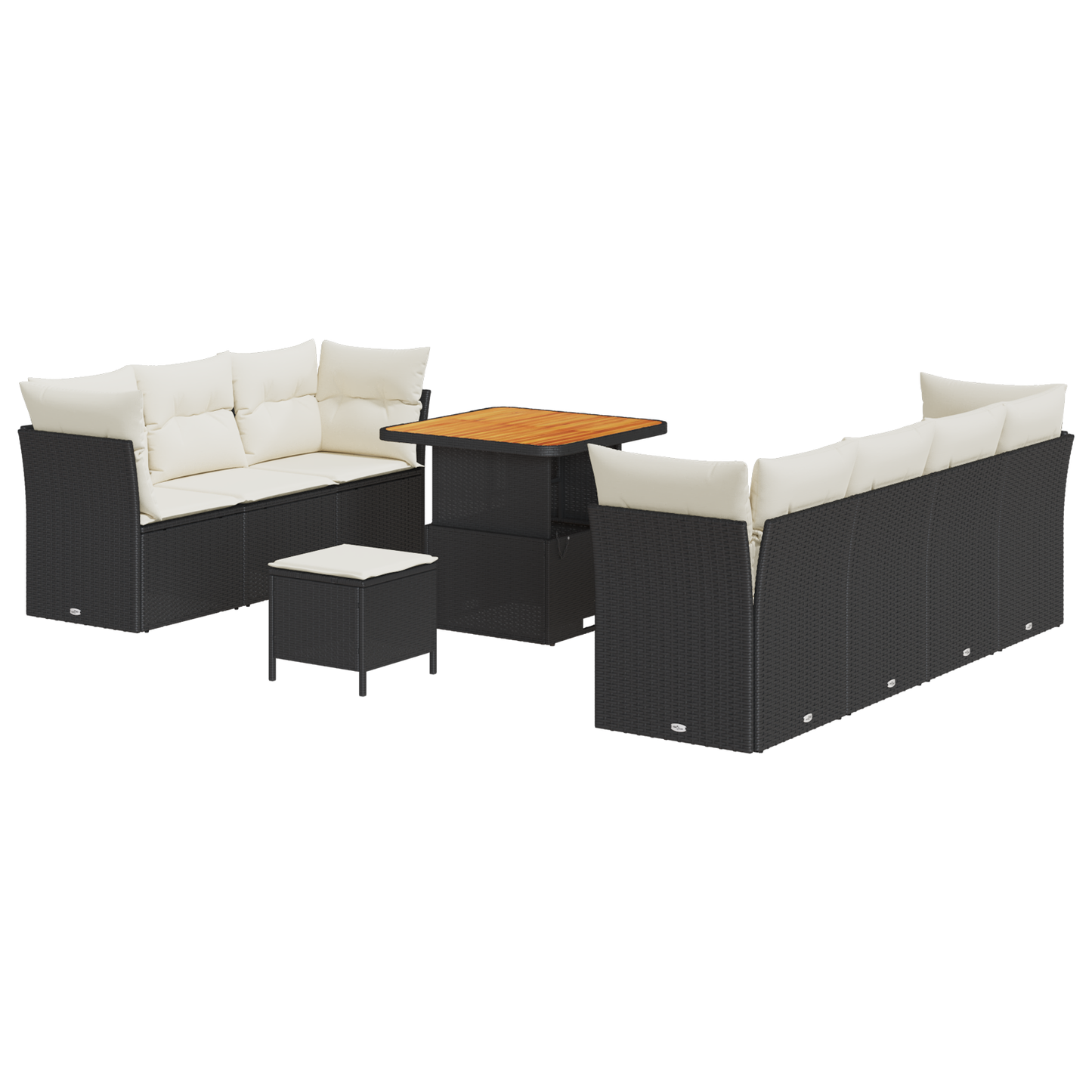 10-teiliges Garten Sofa Set mit Kissen Schwarz Poly Rattan Akazie