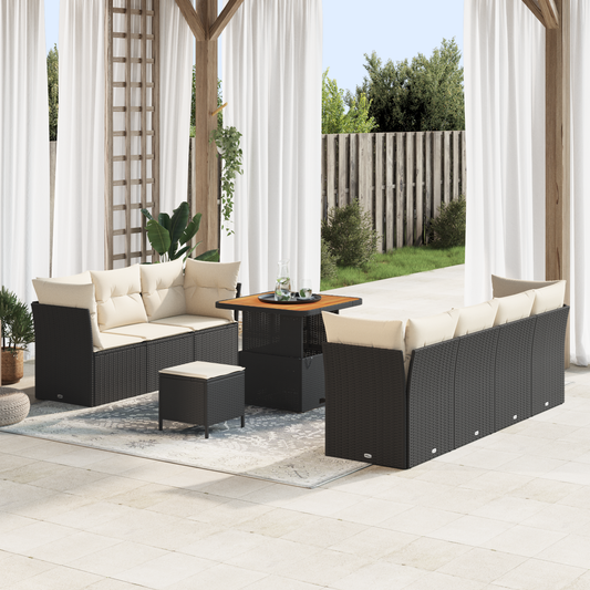 10-teiliges Garten Sofa Set mit Kissen Schwarz Poly Rattan Akazie
