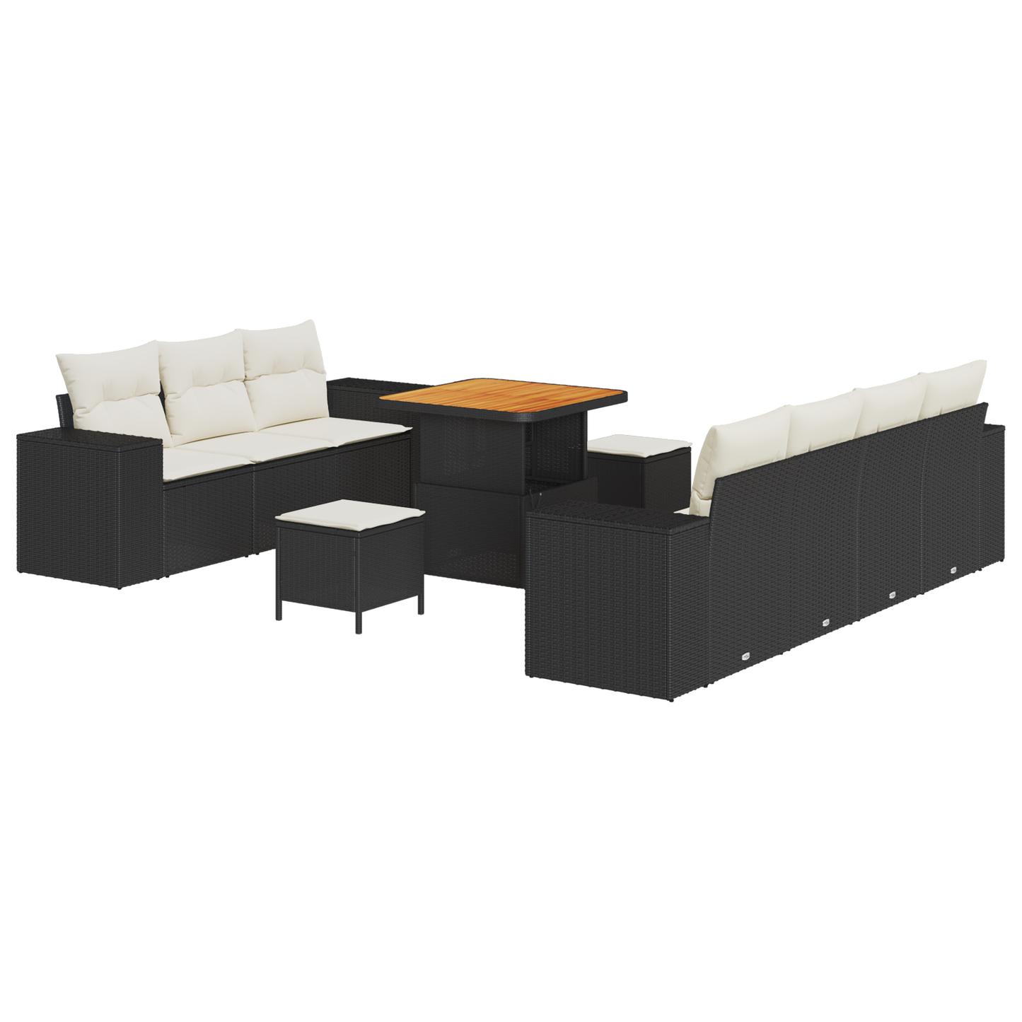 10-teiliges Garten Sofa Set mit Kissen Schwarz Poly Rattan Akazie
