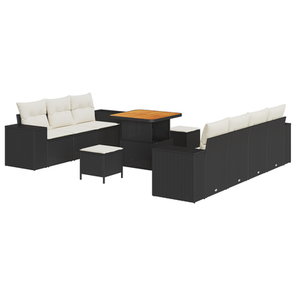 10-teiliges Garten Sofa Set mit Kissen Schwarz Poly Rattan Akazie