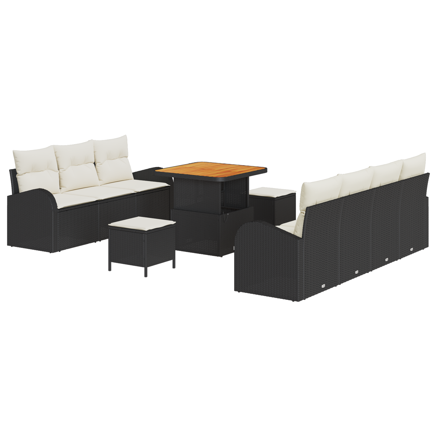 10-teiliges Garten Sofa Set mit Kissen Schwarz Poly Rattan Akazie
