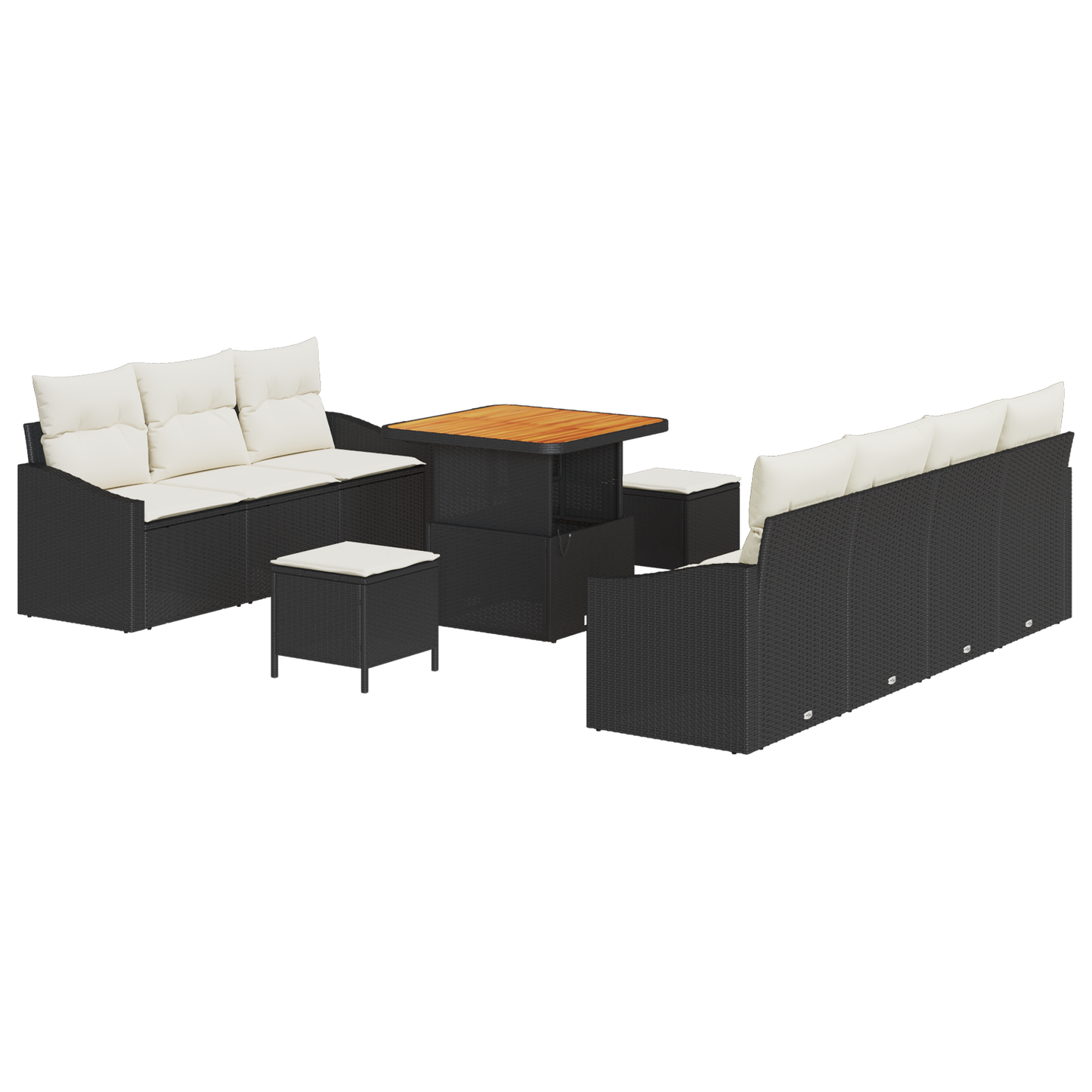 10-teiliges Garten Sofa Set mit Kissen Schwarz Poly Rattan Akazie