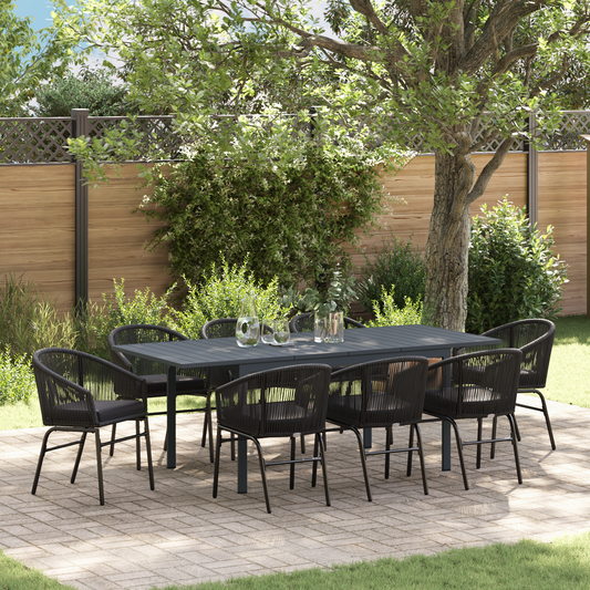 10-teiliges Garten-Essset mit Kissen aus schwarzem Poly-Rattan