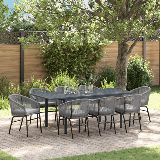 10-teiliges Garten-Esstisch-Set mit Kissen, graues Poly-Rattan