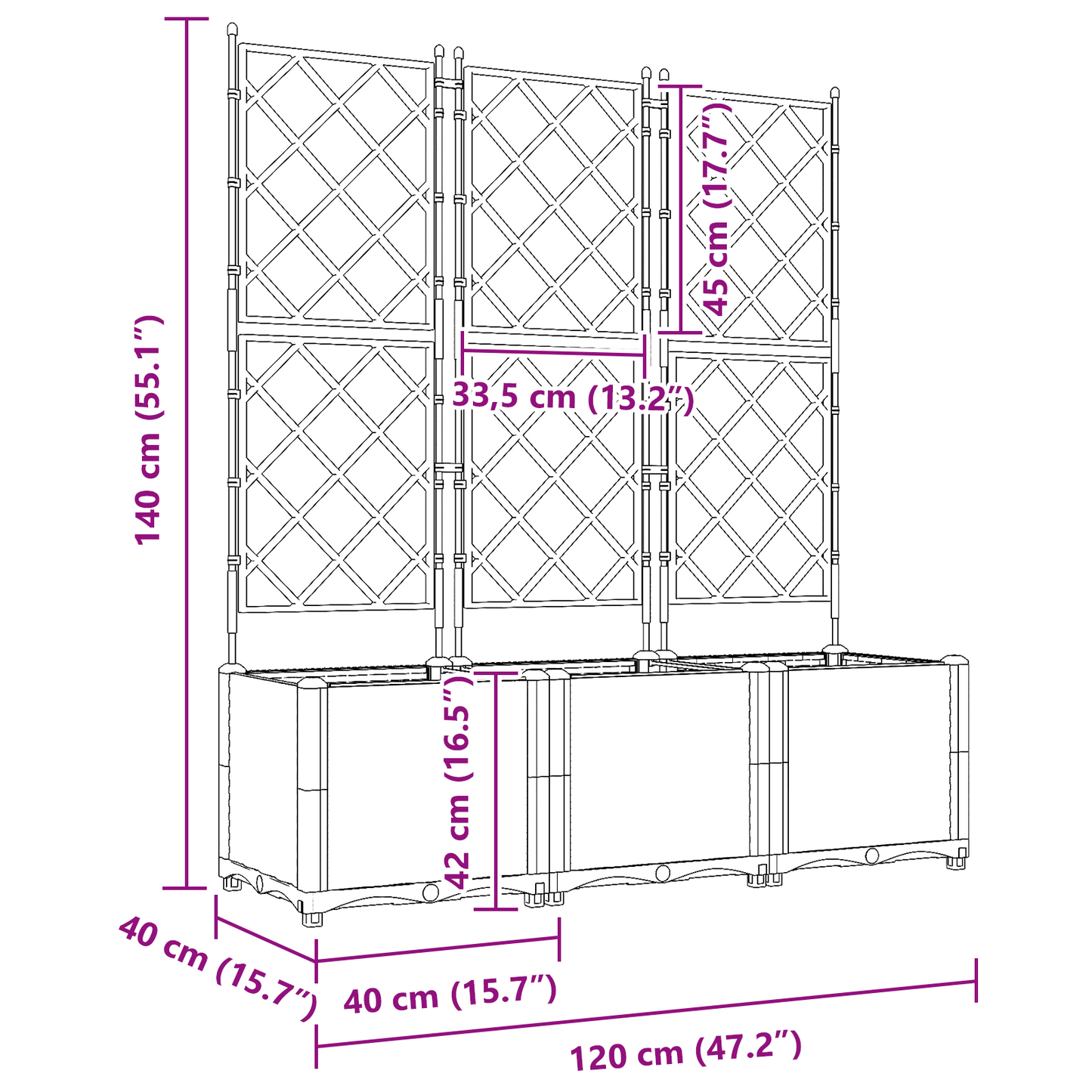 Gartenpflanzer mit Gitter 3 pcs Grau 120 x 40 x 143 cm PP