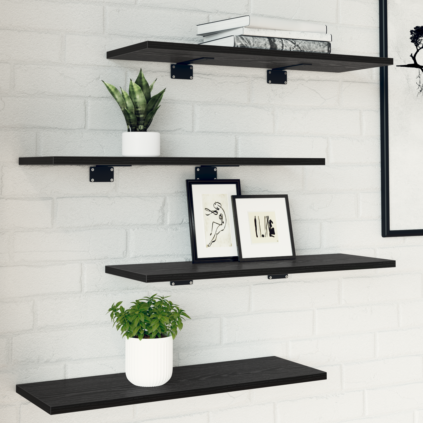 Schwarze Eichen Bücherregal Bretter - 4er Set, 60x20x1,5 cm, aus Spanholz